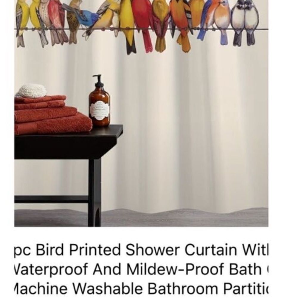 "NEW" 1pc  Bird Print Multicolor Shower Curtain W/ Plastic Hooks 71"x71"